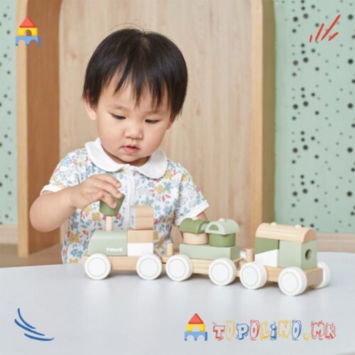 Дрвена Играчка Воз со Фигури Stacking Train Green - PolarB