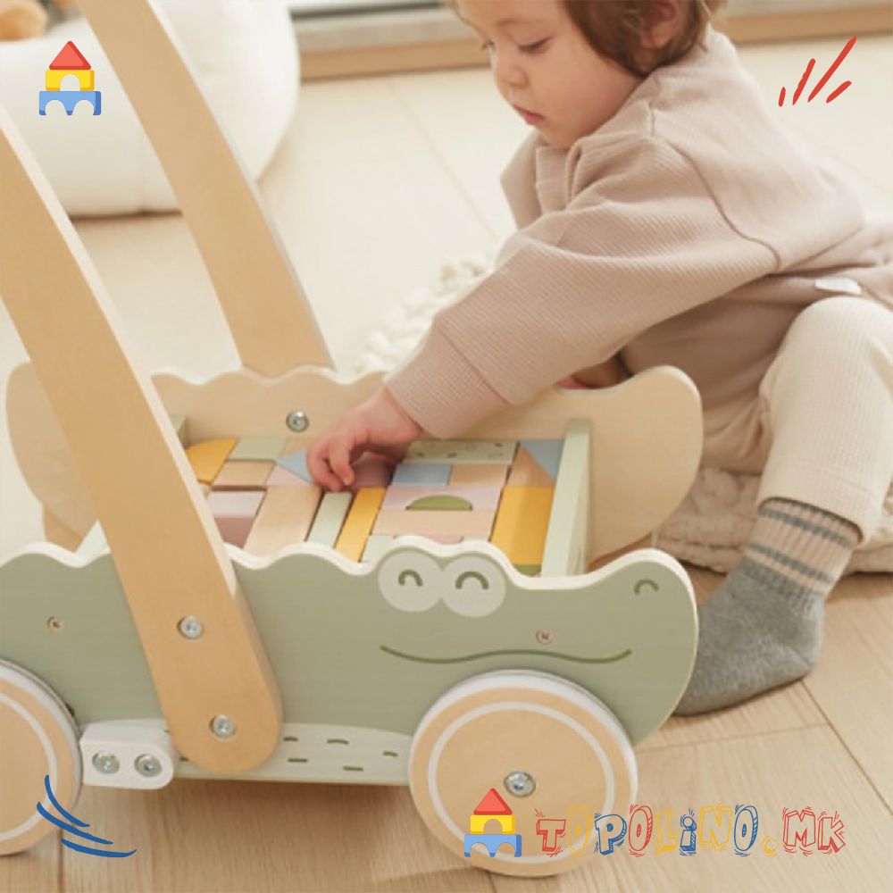 Дрвена Играчка Проодувалка и Количка со Коцки Крокодил - PolarB - Image 3