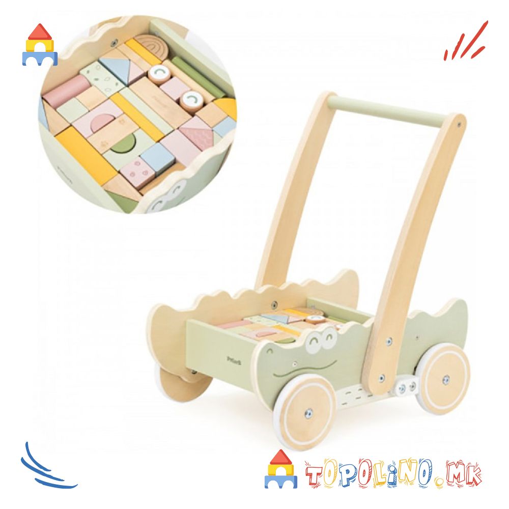 Дрвена Играчка Проодувалка и Количка со Коцки Крокодил - PolarB - Image 4