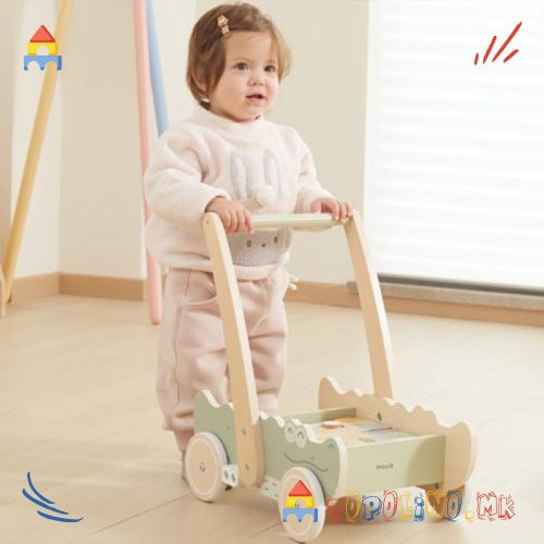 Дрвена Играчка Проодувалка и Количка со Коцки Крокодил - PolarB