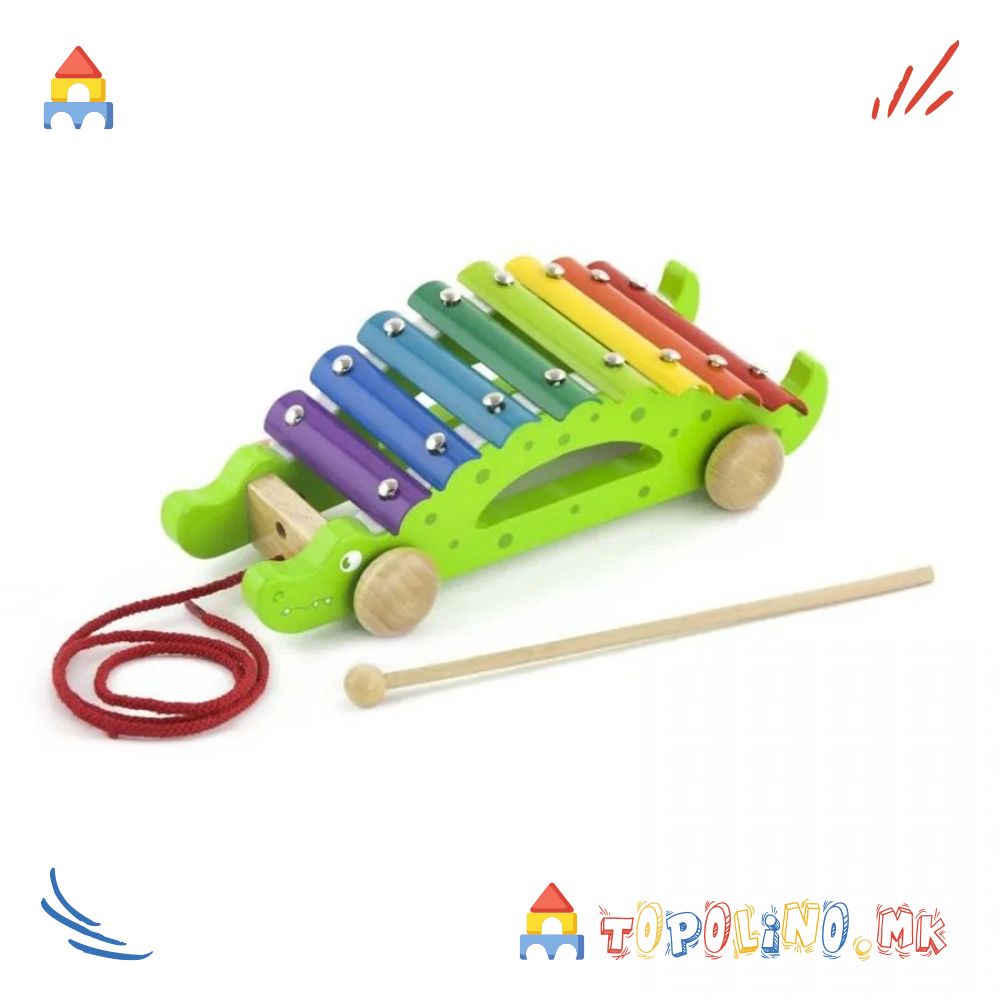 Дрвена Играчка за Влечење Ксилофон Крокодил - Viga