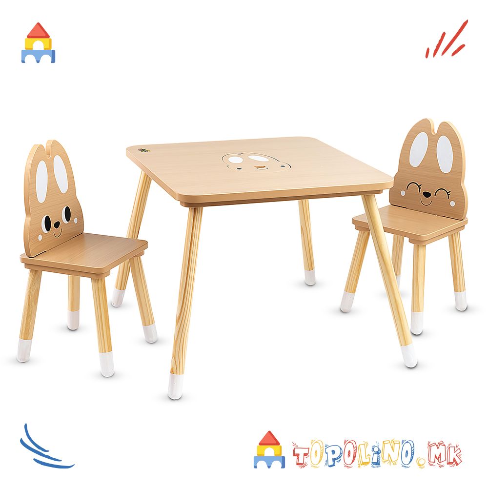 Дрвен Сет Маса со Две Столчиња Cute Bunny – Moni Toys