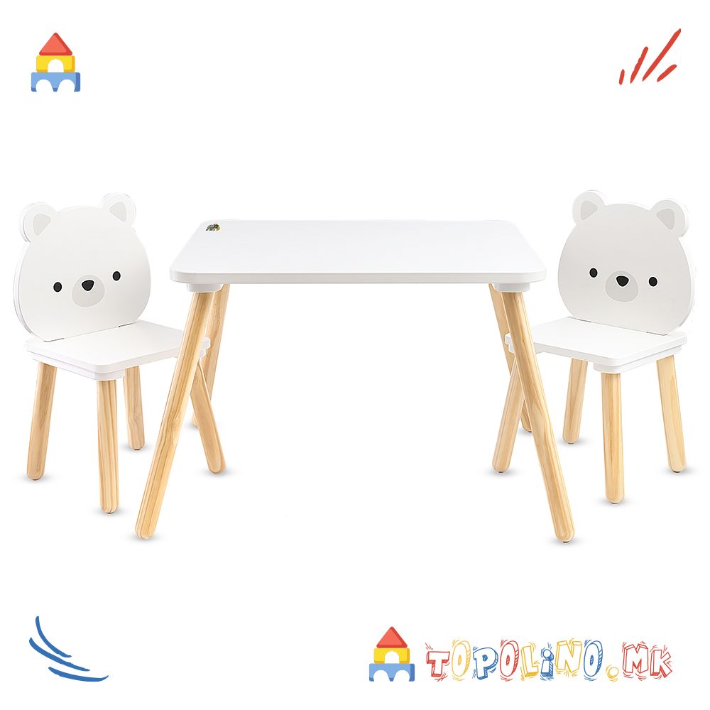Дрвен Сет Маса со Две Столчиња White Bears - Moni Toys
