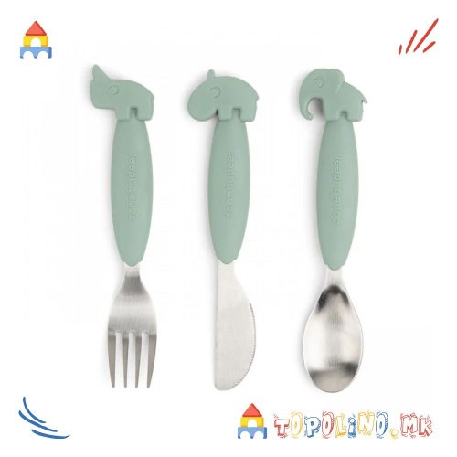 Прибор за Јадење 3пар Метал и Силикон Friends Море Зелен – Done By Deer