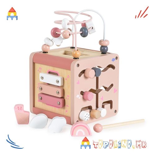 Дрвена Коцка со Активности Pink – Moni Toys